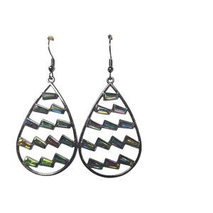 Silver Tone Teardrop Iridescent Rhinestone Dangle Earrings